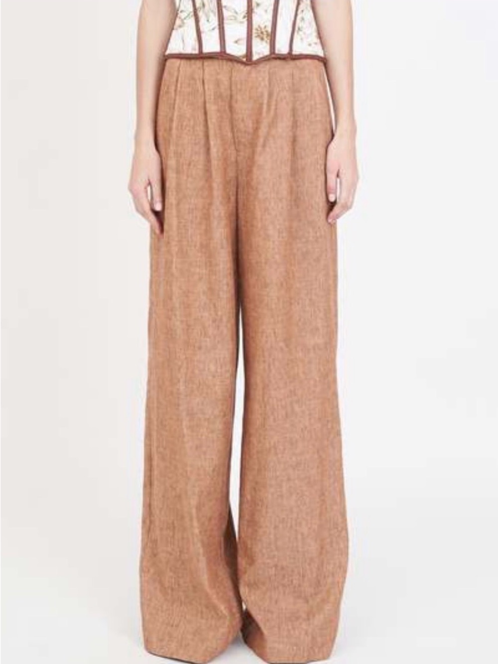 Christy Lynn High-Waist Pleated Linen Blend Trousers in Rust Brown